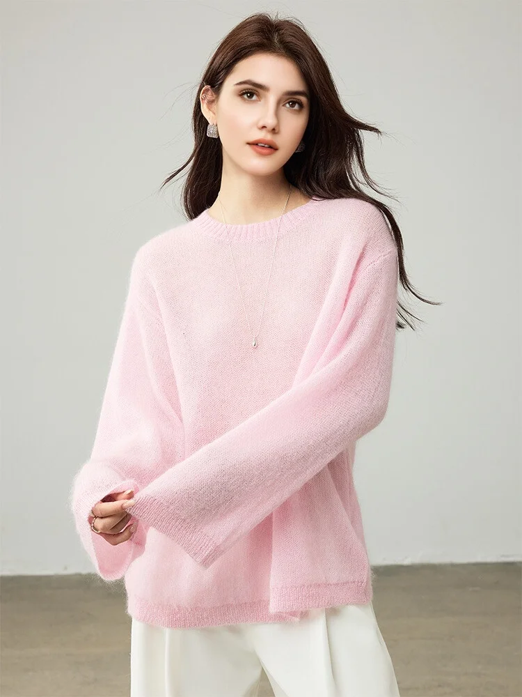 SuyaDream, Women Pullovers, 53.1%Mohair, O-Neck, Soft Loose Sweaters, 2025 Fall Winter Cozy Top, Pink, White