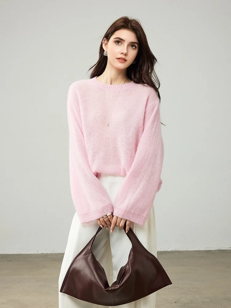 SuyaDream, Women Pullovers, 53.1%Mohair, O-Neck, Soft Loose Sweaters, 2025 Fall Winter Cozy Top, Pink, White