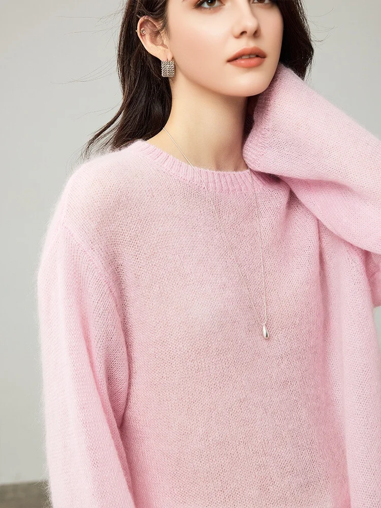 SuyaDream, Women Pullovers, 53.1%Mohair, O-Neck, Soft Loose Sweaters, 2025 Fall Winter Cozy Top, Pink, White
