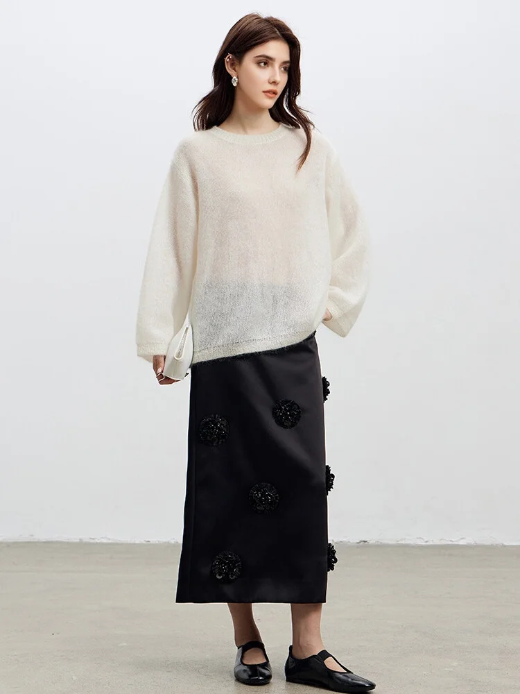 SuyaDream, Women Pullovers, 53.1%Mohair, O-Neck, Soft Loose Sweaters, 2025 Fall Winter Cozy Top, Pink, White