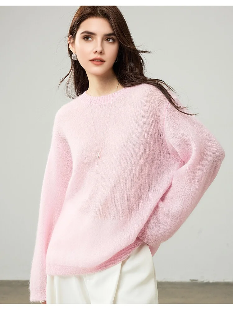 SuyaDream, Women Pullovers, 53.1%Mohair, O-Neck, Soft Loose Sweaters, 2025 Fall Winter Cozy Top, Pink, White