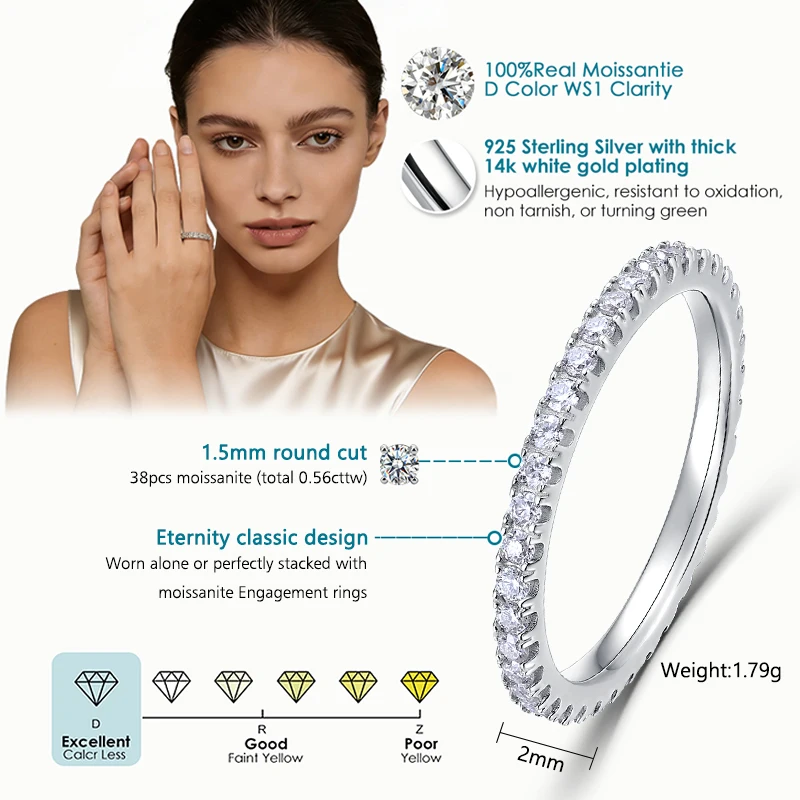 WES Moissanite Full Eternity Ring Wedding Band 925 Sterling Silver D Color VVS1 Lab Anniversary Engagement Stackable Women Ring