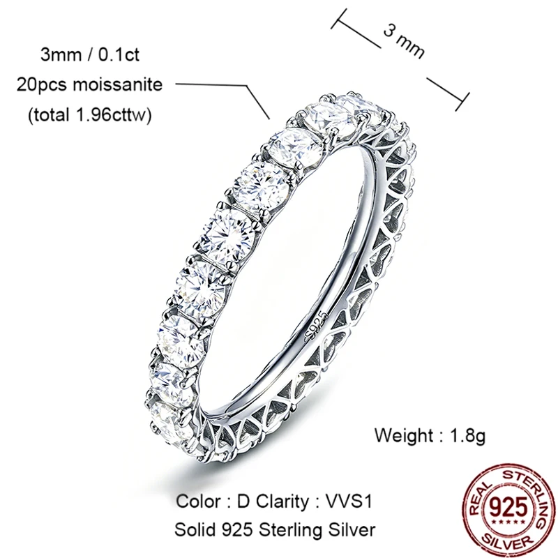 WES Moissanite Full Eternity Ring Wedding Band 925 Sterling Silver D Color VVS1 Lab Anniversary Engagement Stackable Women Ring