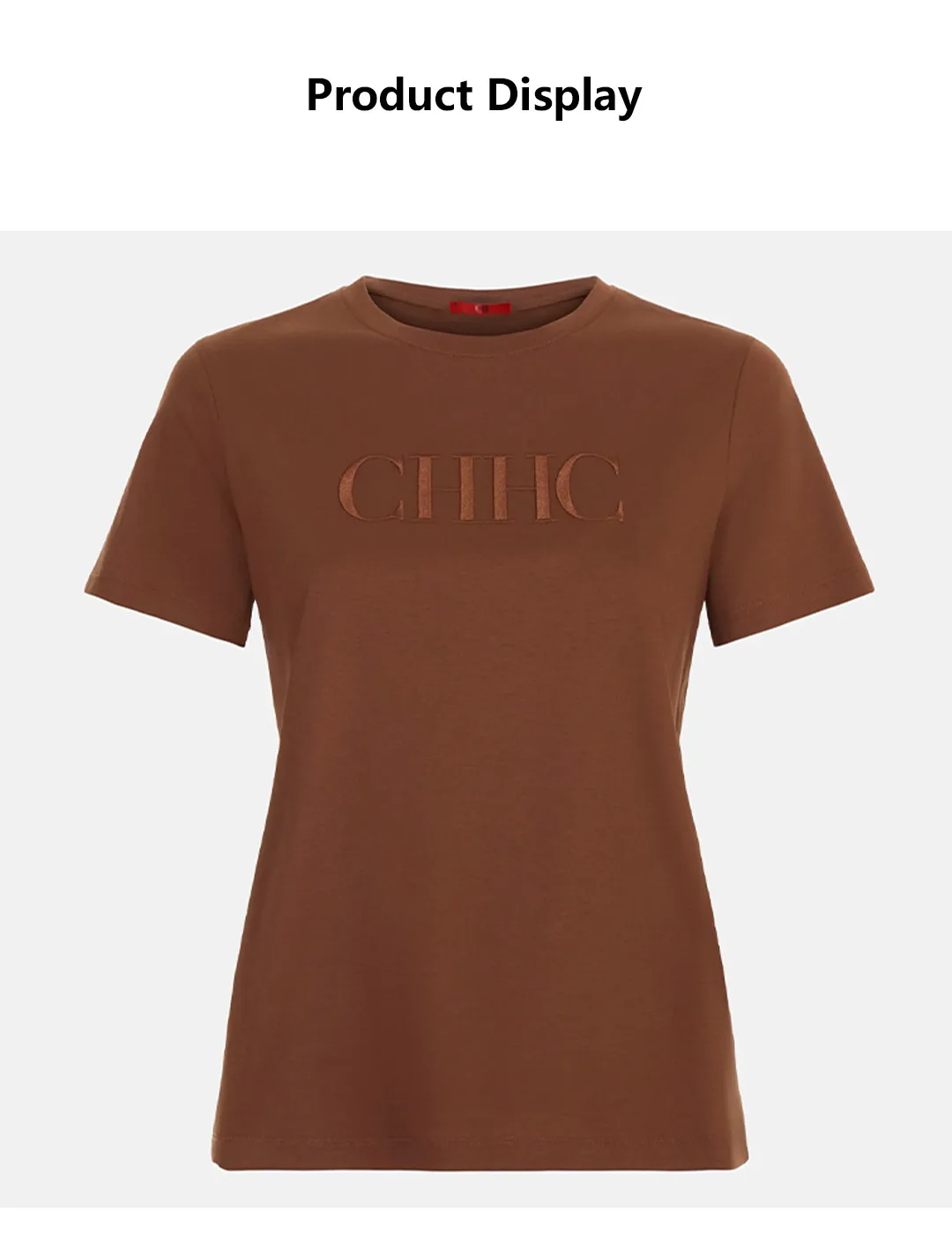 CH Premium Pure Cotton Embroidered T-shirt Brown CHHC Letter Embroidered Top Women 2026 New Simple Round Neck Base Shirt