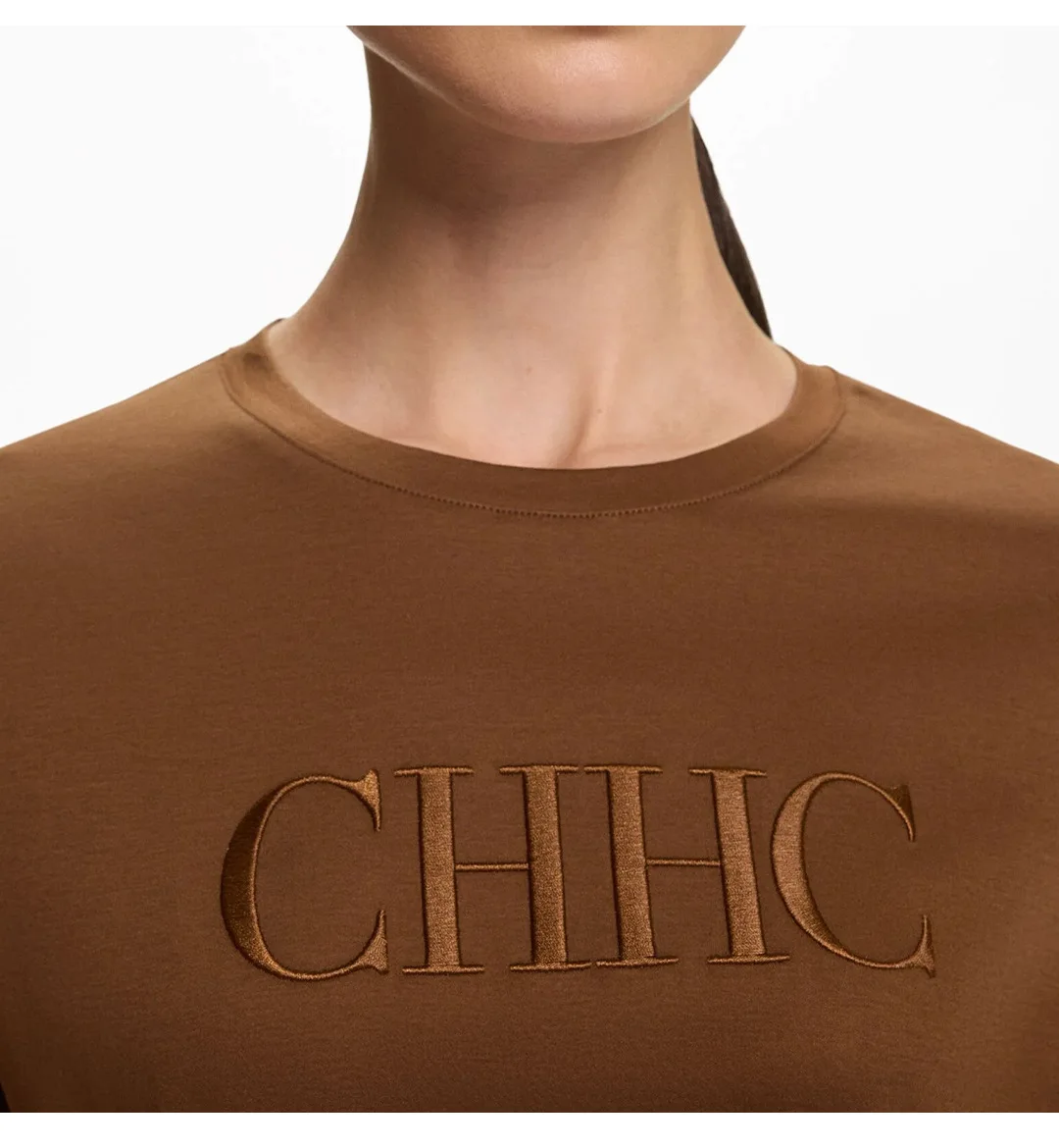 CH Premium Pure Cotton Embroidered T-shirt Brown CHHC Letter Embroidered Top Women 2026 New Simple Round Neck Base Shirt