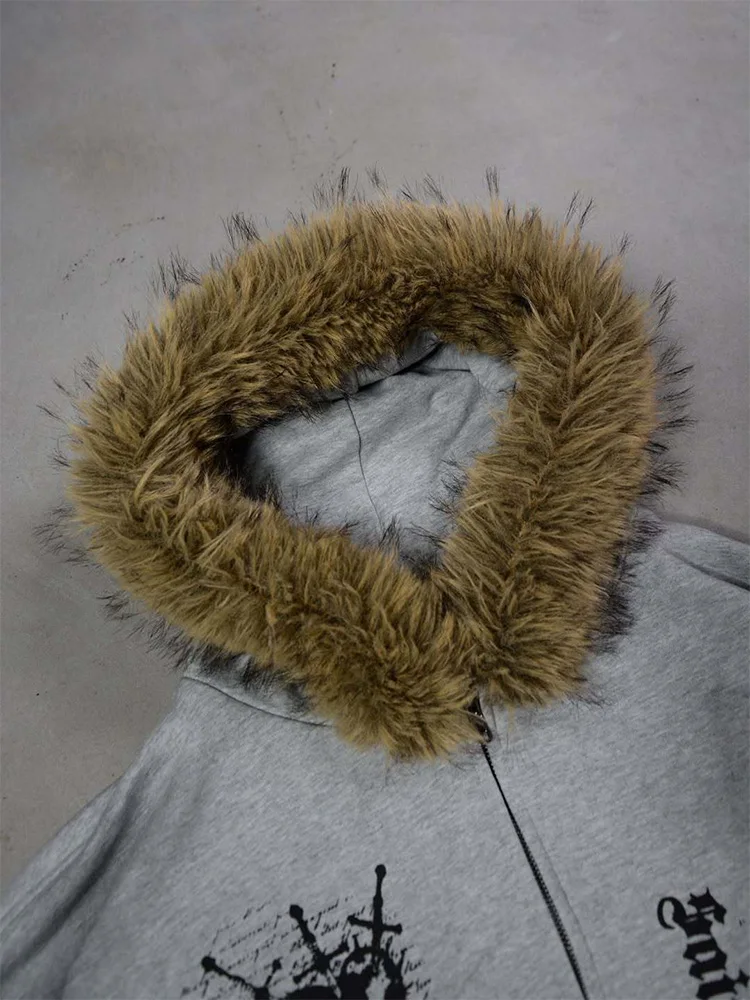 Winter Fashion Streetwear Women's Gothic Printed Faux Fur Hooded Jacket Trendy Edgy Zip - Up Sweatshirt 2026 New Arrival