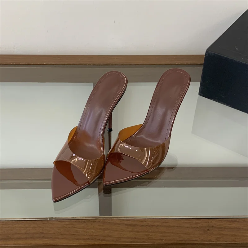 Liyke Jelly PVC Transparent Shoes For Women Sexy Pointed Open Toe Shallow Slider Slippers Ladies Sandal High Heels Mules Size 41
