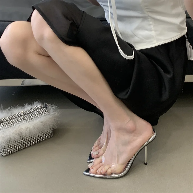 Liyke Jelly PVC Transparent Shoes For Women Sexy Pointed Open Toe Shallow Slider Slippers Ladies Sandal High Heels Mules Size 41