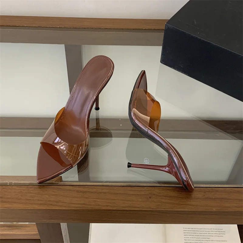 Liyke Jelly PVC Transparent Shoes For Women Sexy Pointed Open Toe Shallow Slider Slippers Ladies Sandal High Heels Mules Size 41