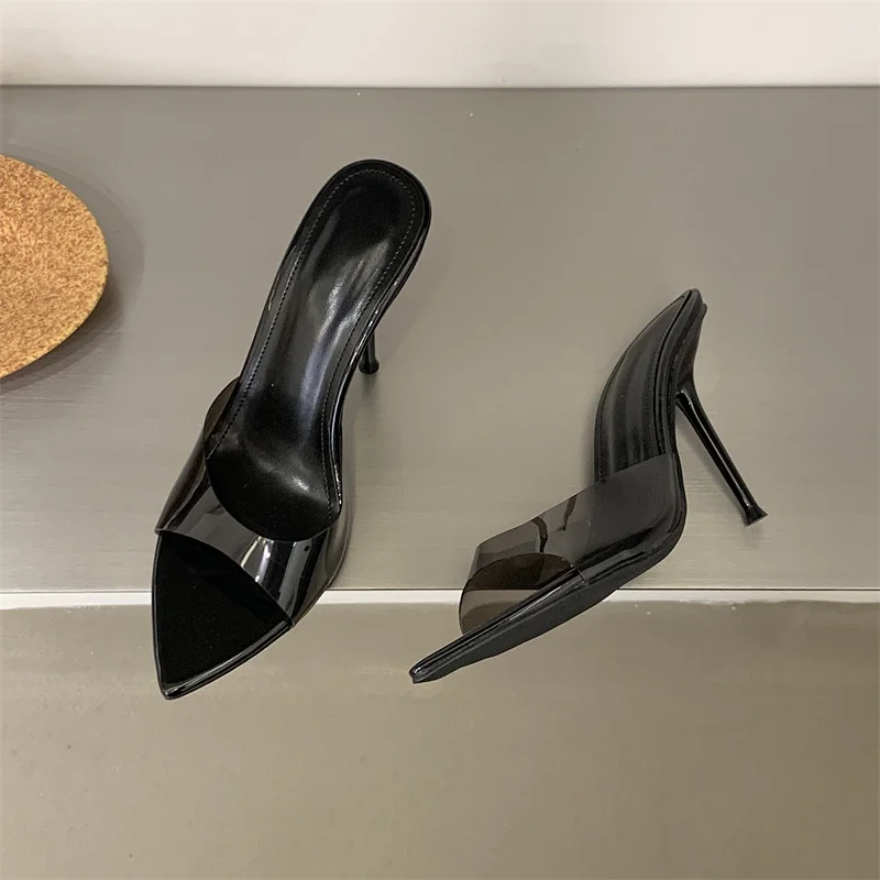 Liyke Jelly PVC Transparent Shoes For Women Sexy Pointed Open Toe Shallow Slider Slippers Ladies Sandal High Heels Mules Size 41
