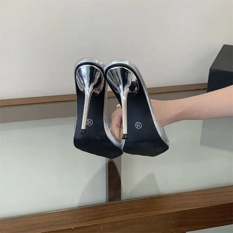 Liyke Jelly PVC Transparent Shoes For Women Sexy Pointed Open Toe Shallow Slider Slippers Ladies Sandal High Heels Mules Size 41
