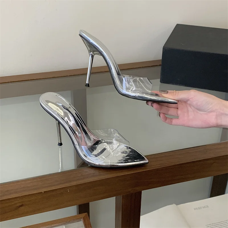 Liyke Jelly PVC Transparent Shoes For Women Sexy Pointed Open Toe Shallow Slider Slippers Ladies Sandal High Heels Mules Size 41