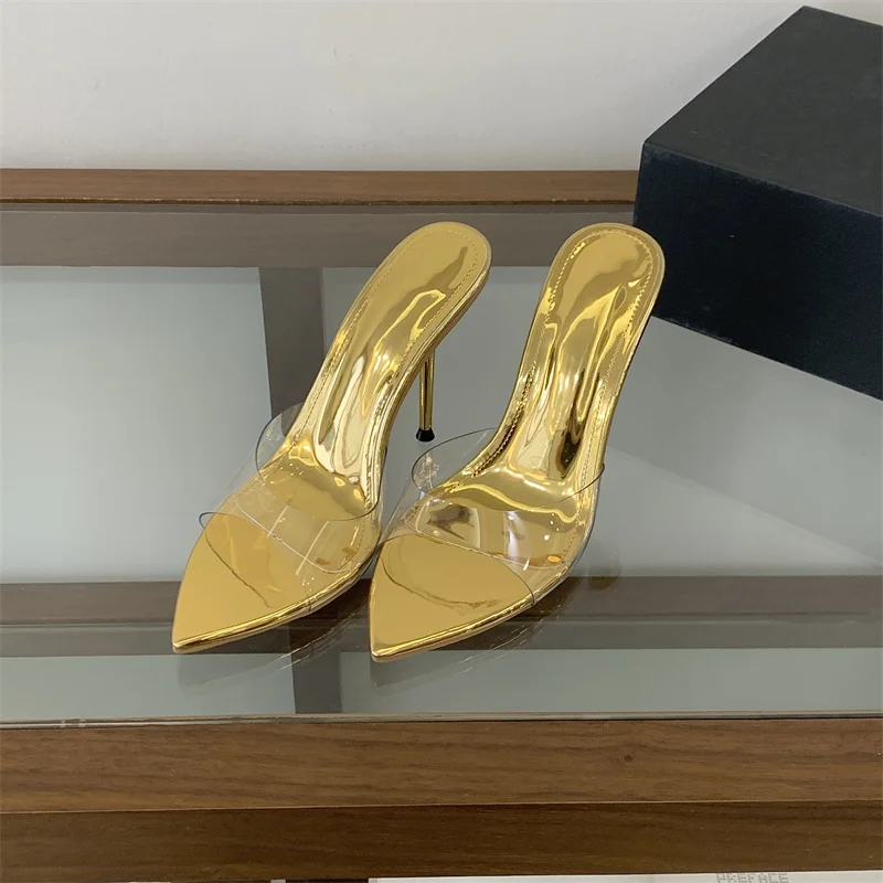 Liyke Jelly PVC Transparent Shoes For Women Sexy Pointed Open Toe Shallow Slider Slippers Ladies Sandal High Heels Mules Size 41