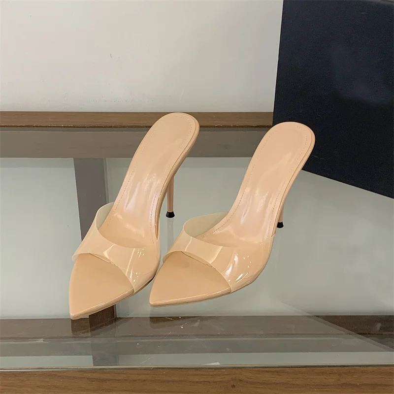 Liyke Jelly PVC Transparent Shoes For Women Sexy Pointed Open Toe Shallow Slider Slippers Ladies Sandal High Heels Mules Size 41