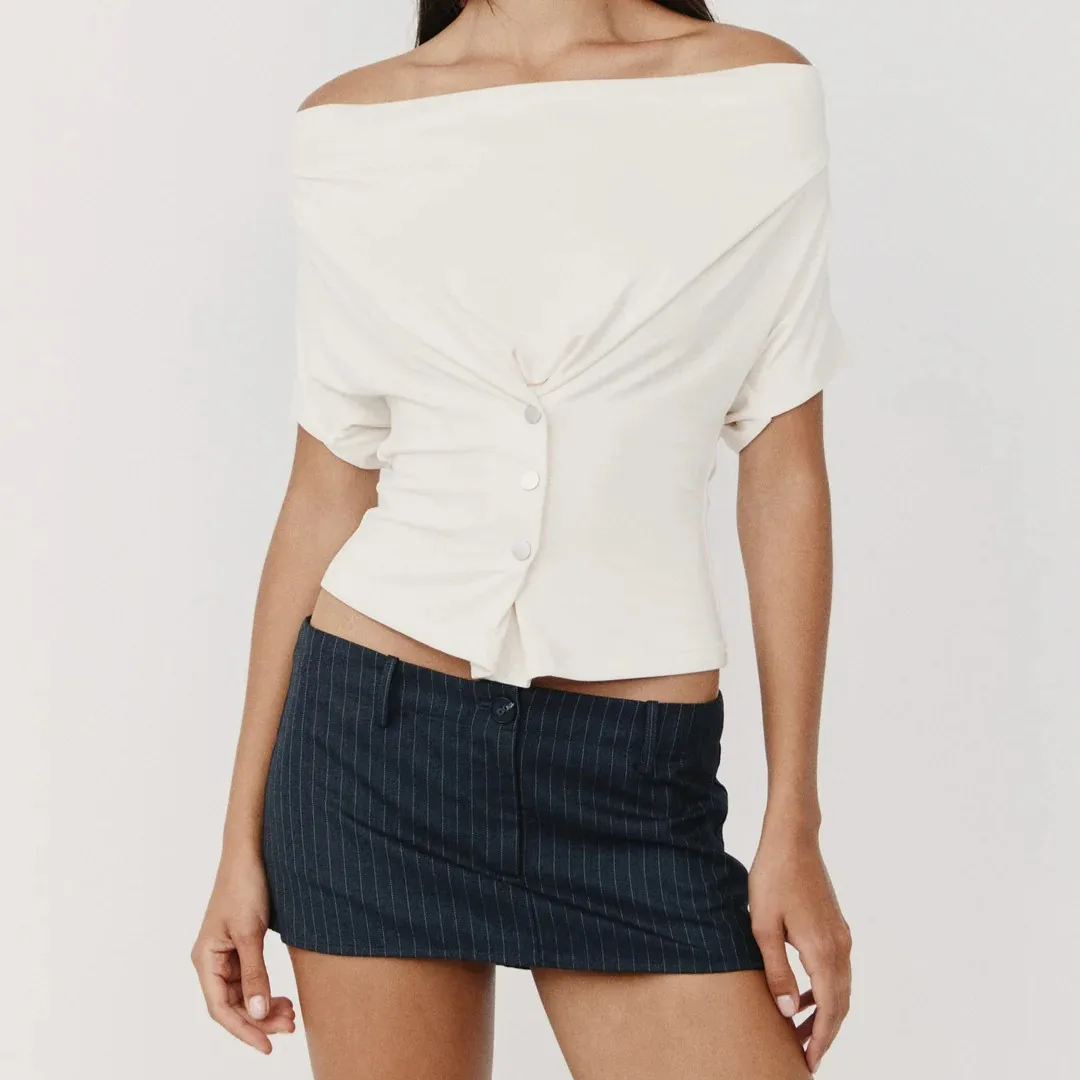 Wj Swing-Collar Waist-Cinching Short Top, Off-Shoulder Buttoned Ruched Slim-Fit Hot Girl Short-Sleeve T-Shirt, V-Neck One-Shoulder Top, Single-Row Button Waist-Cinching Slim-Fit Short Tight-Fitting Top