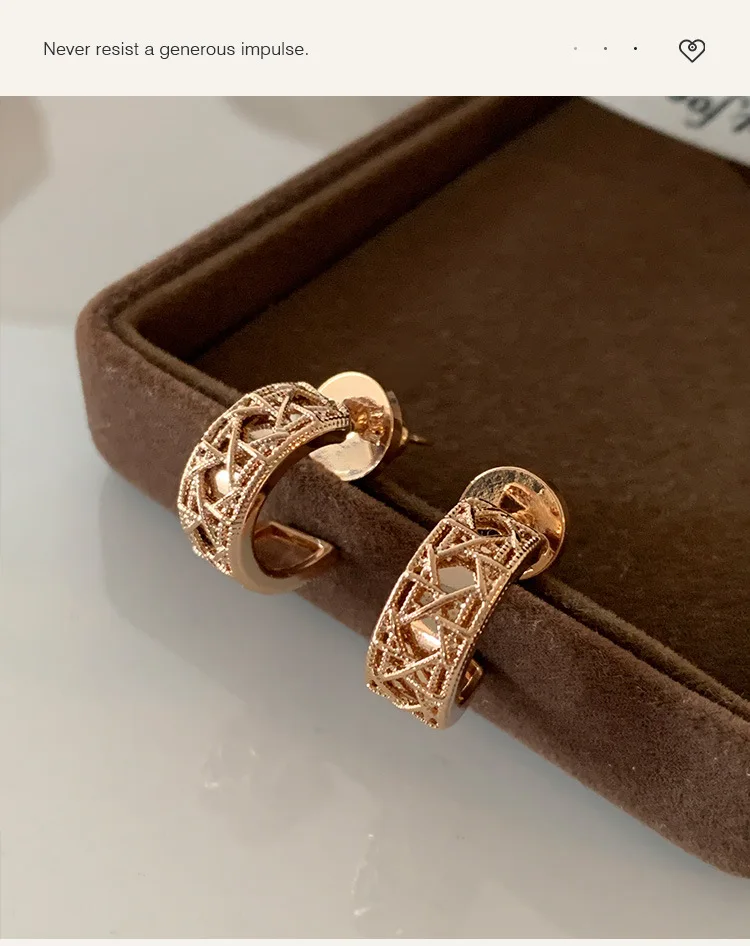 Rose Gold Hexagram Round Stud Earrings for Women, 18K Gold Plated, Premium Earrings, Light Luxury Vintage Style Jewelry Gift