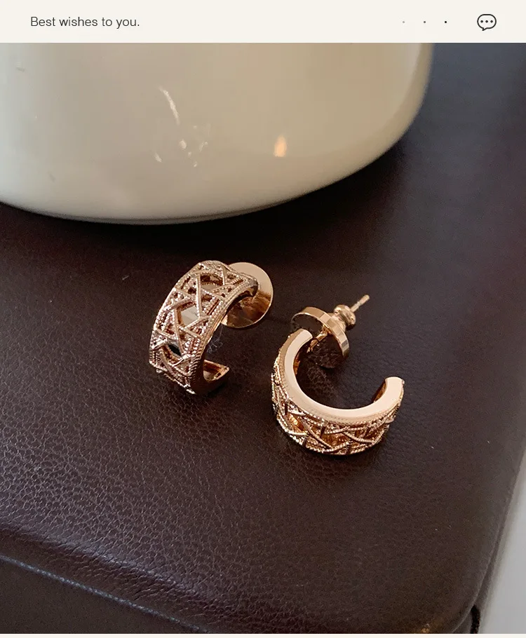 Rose Gold Hexagram Round Stud Earrings for Women, 18K Gold Plated, Premium Earrings, Light Luxury Vintage Style Jewelry Gift