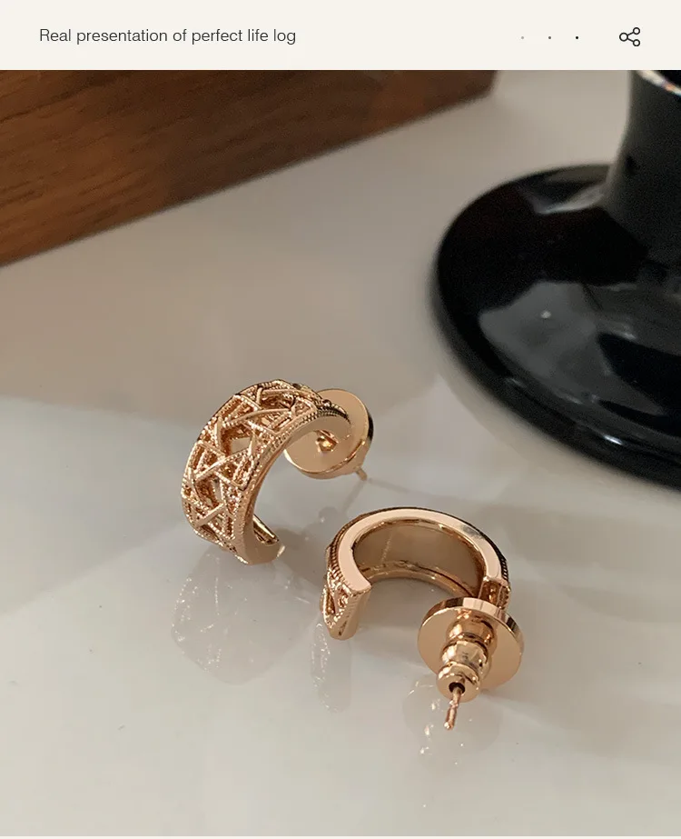 Rose Gold Hexagram Round Stud Earrings for Women, 18K Gold Plated, Premium Earrings, Light Luxury Vintage Style Jewelry Gift