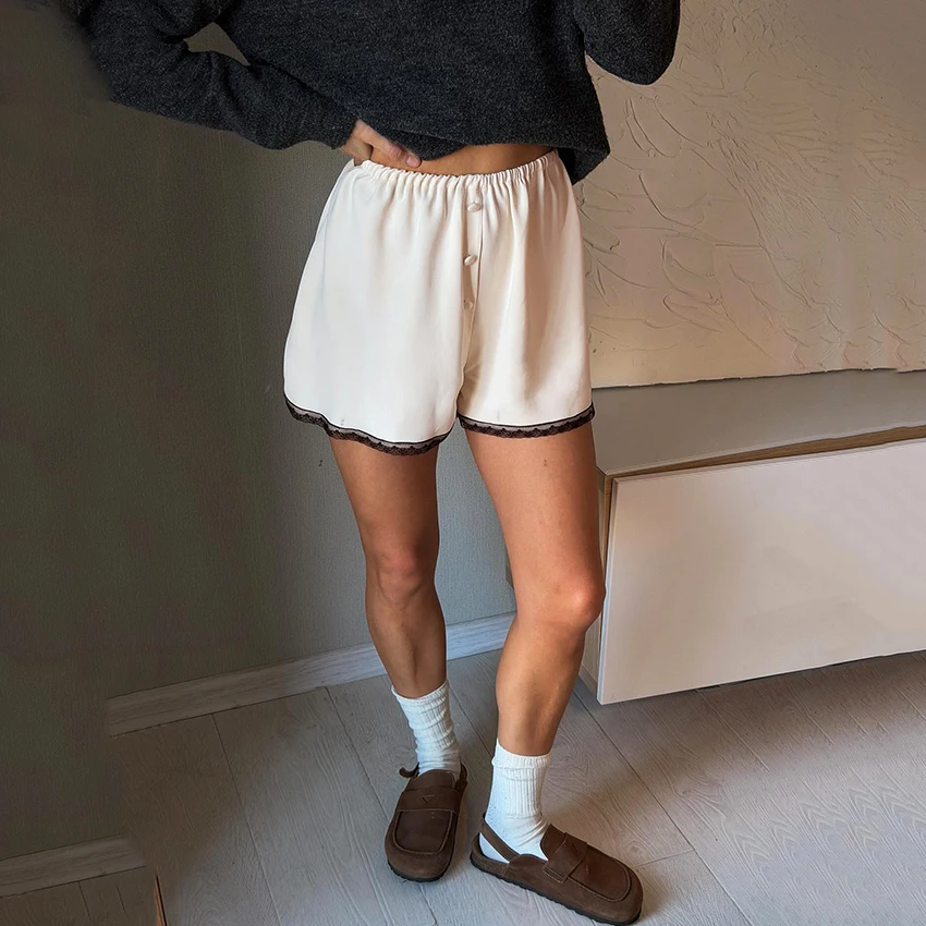 Linad Vintage Satin Lace Elastic Waist Shorts Women Summer Street Chic Single Breasted Mini Pants Women 2026 Casual Loose Shorts