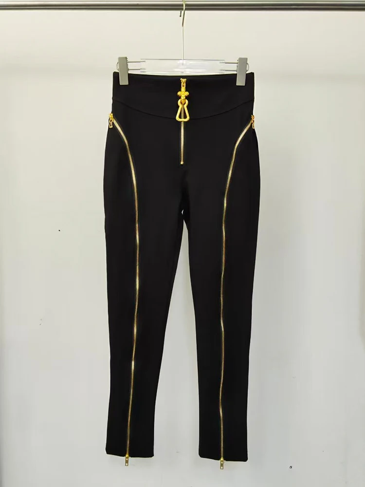 Summer women's retro irregular metal zipper design high waist feet pants fashion Joker elastic tight hip pants.