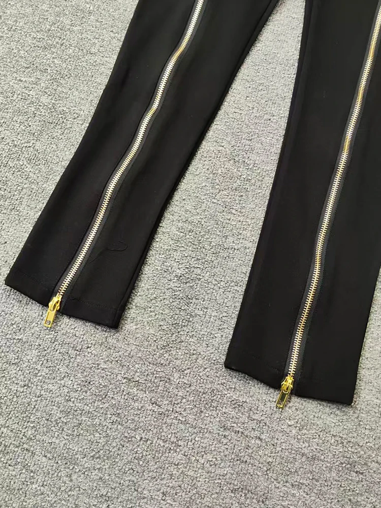 Summer women's retro irregular metal zipper design high waist feet pants fashion Joker elastic tight hip pants.