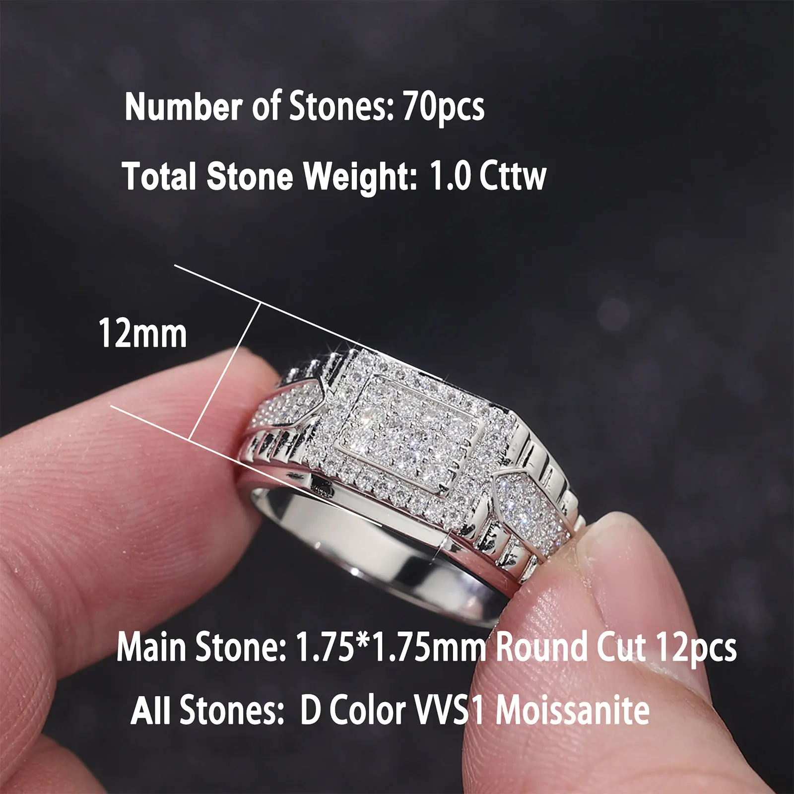 Newshe Certified Moissanite Ring D Color VVS1 Inlay Men's Wedding Band White Gold Plated Designed Fashion Jewelry