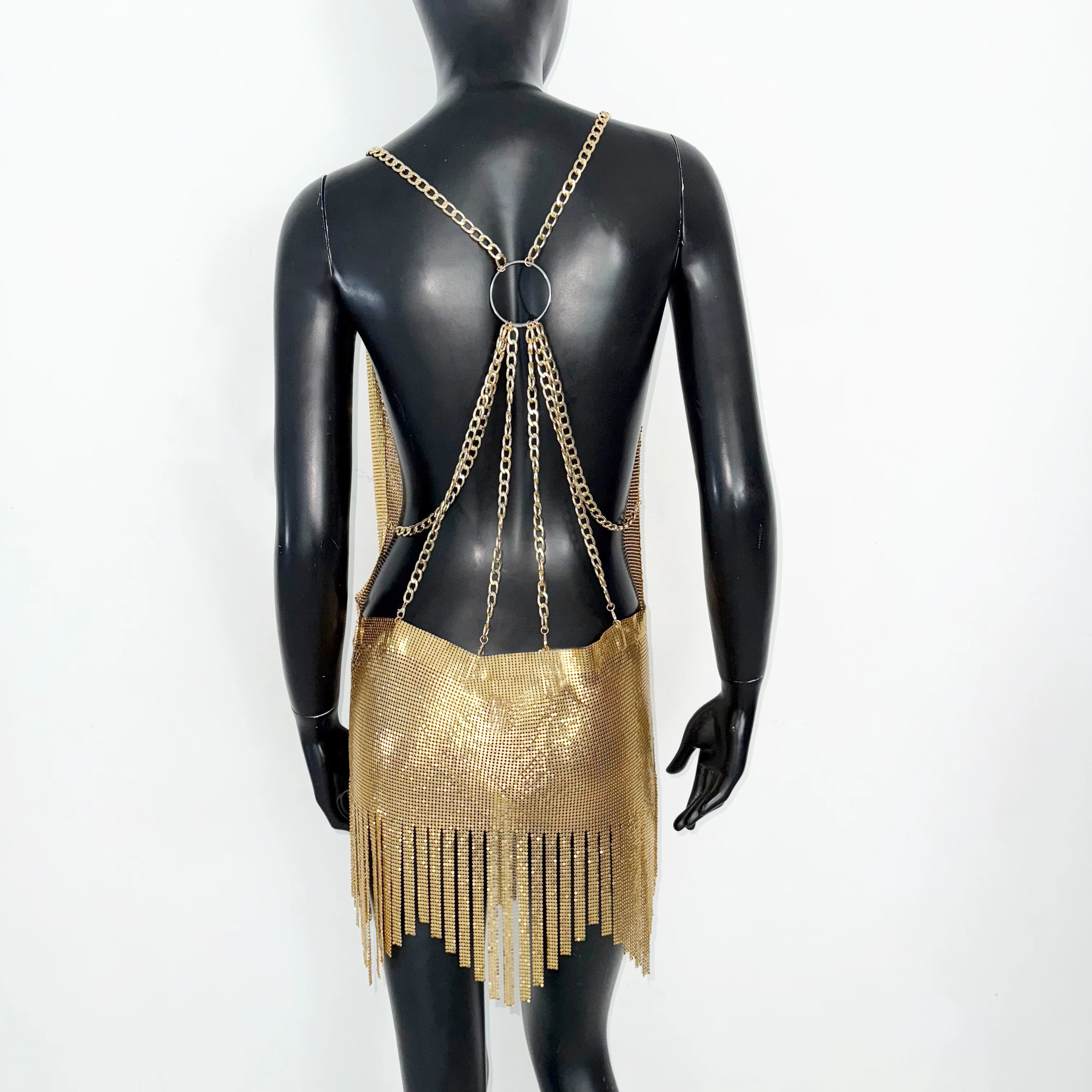 AKYZO Popular Fashion Dress Metal Sequin Suspender Skirt Patchwork Tassel Skirt Party Dress Spicy Girl Dress