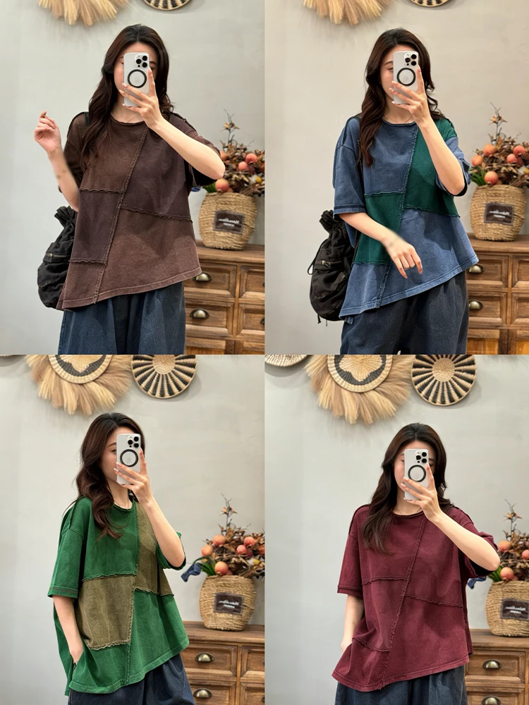 Amax LuluE 2026 Summer Vintage Loose Tee Shirts Womens Korean Design Classic O Neck Tops Ladies Fashion Causal Patchwork Clothes