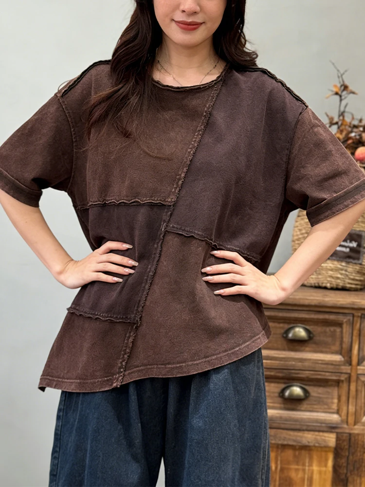 Amax LuluE 2026 Summer Vintage Loose Tee Shirts Womens Korean Design Classic O Neck Tops Ladies Fashion Causal Patchwork Clothes