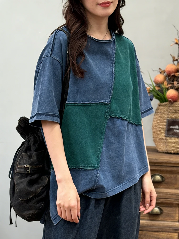 Amax LuluE 2026 Summer Vintage Loose Tee Shirts Womens Korean Design Classic O Neck Tops Ladies Fashion Causal Patchwork Clothes