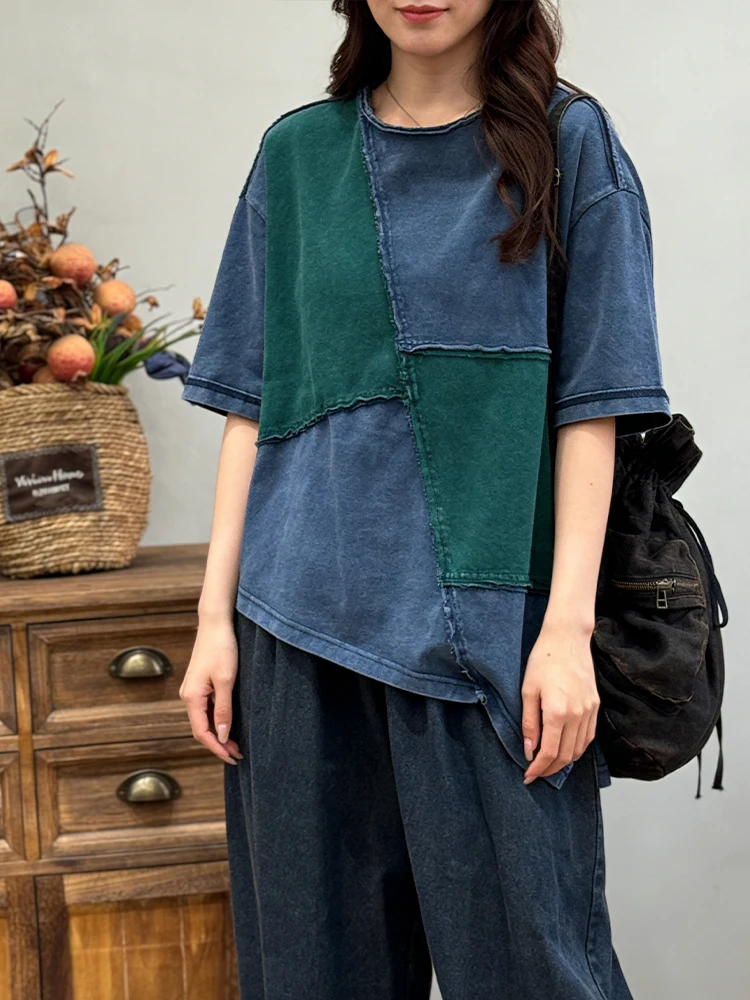 Amax LuluE 2026 Summer Vintage Loose Tee Shirts Womens Korean Design Classic O Neck Tops Ladies Fashion Causal Patchwork Clothes