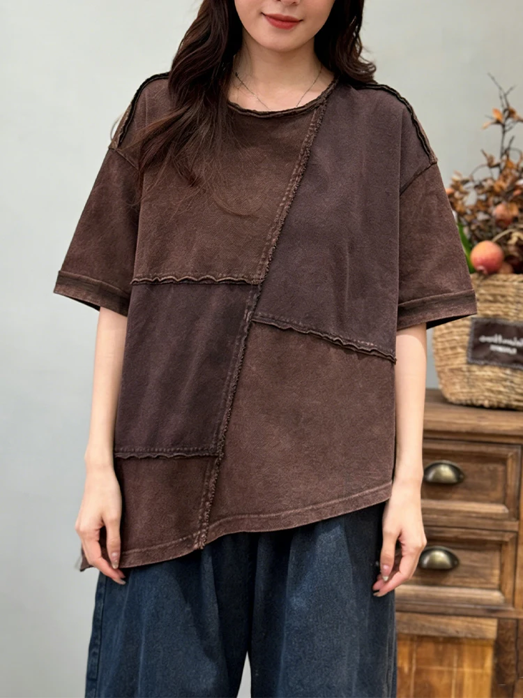 Amax LuluE 2026 Summer Vintage Loose Tee Shirts Womens Korean Design Classic O Neck Tops Ladies Fashion Causal Patchwork Clothes