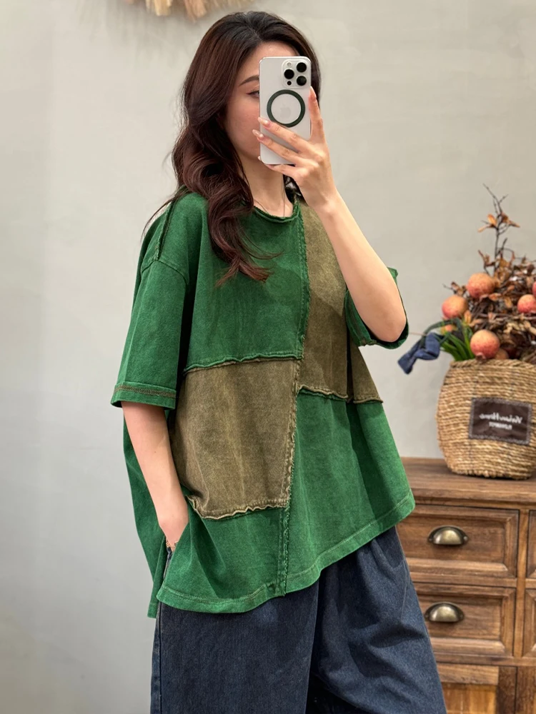 Amax LuluE 2026 Summer Vintage Loose Tee Shirts Womens Korean Design Classic O Neck Tops Ladies Fashion Causal Patchwork Clothes