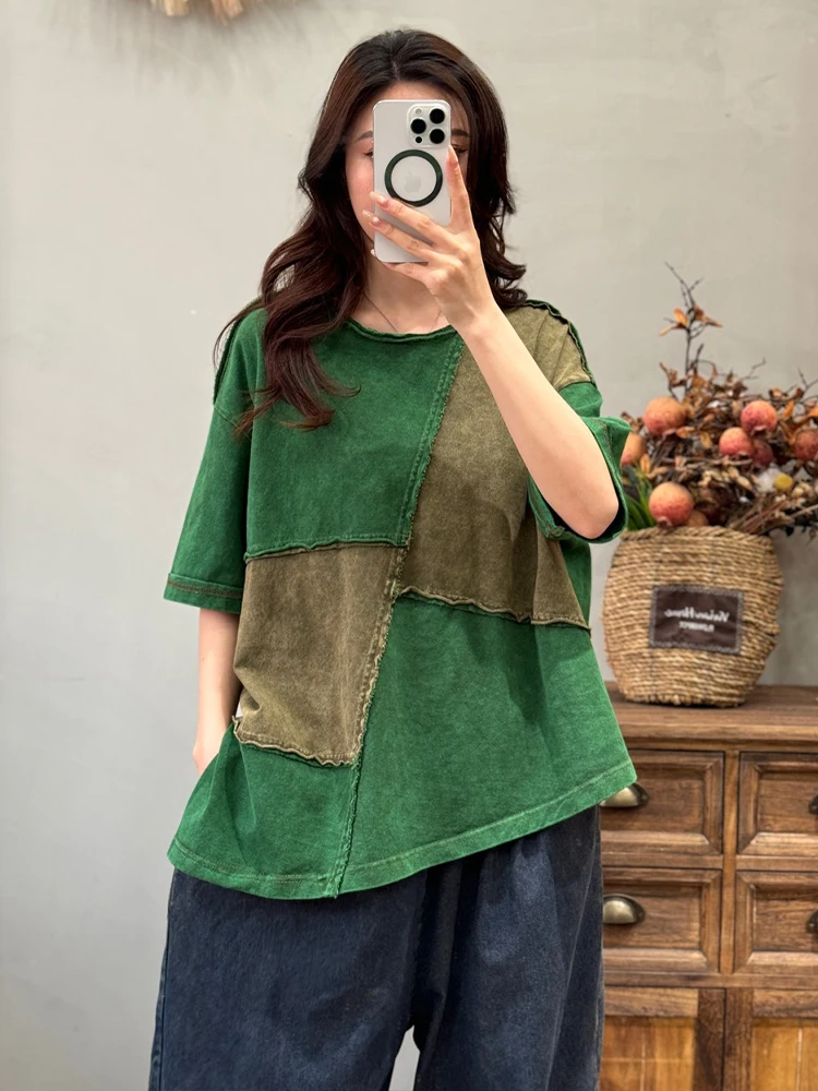 Amax LuluE 2026 Summer Vintage Loose Tee Shirts Womens Korean Design Classic O Neck Tops Ladies Fashion Causal Patchwork Clothes