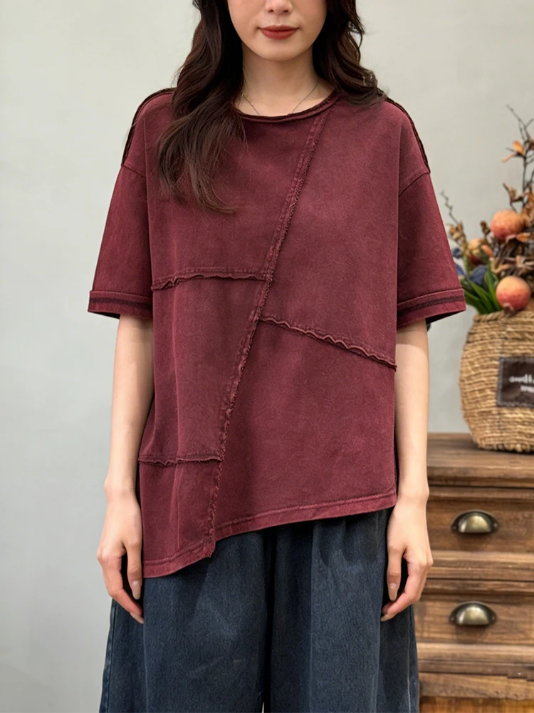 Amax LuluE 2026 Summer Vintage Loose Tee Shirts Womens Korean Design Classic O Neck Tops Ladies Fashion Causal Patchwork Clothes