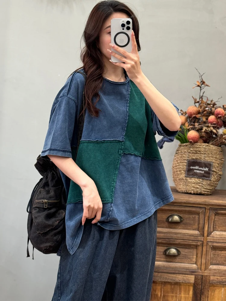 Amax LuluE 2026 Summer Vintage Loose Tee Shirts Womens Korean Design Classic O Neck Tops Ladies Fashion Causal Patchwork Clothes