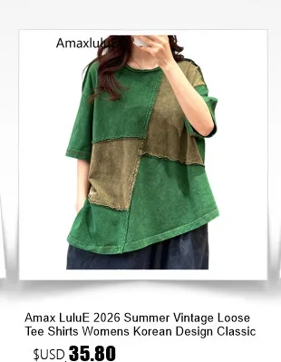 Amax LuluE 2026 Summer Vintage Loose Tee Shirts Womens Korean Design Classic O Neck Tops Ladies Fashion Causal Patchwork Clothes