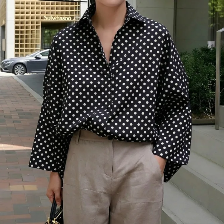 UOOZEE 2026 New Polka Dot Oversized Lapel Blouses For Women Long Sleeves Black White Contrast Color Casual Trendy Shirts