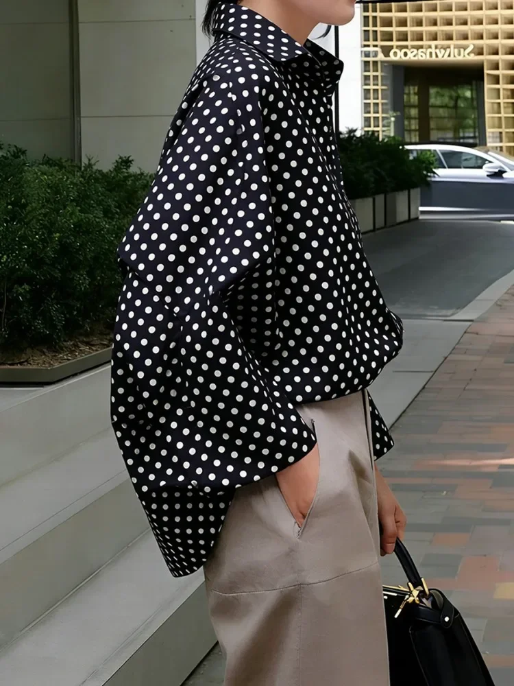 UOOZEE 2026 New Polka Dot Oversized Lapel Blouses For Women Long Sleeves Black White Contrast Color Casual Trendy Shirts