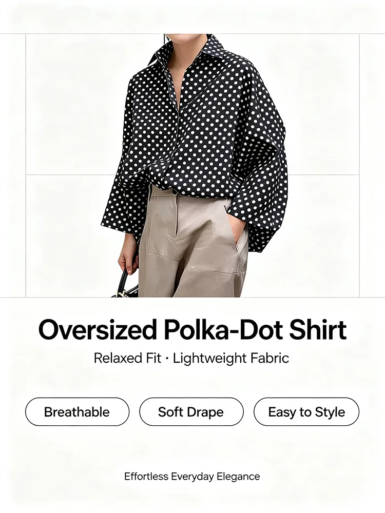 UOOZEE 2026 New Polka Dot Oversized Lapel Blouses For Women Long Sleeves Black White Contrast Color Casual Trendy Shirts