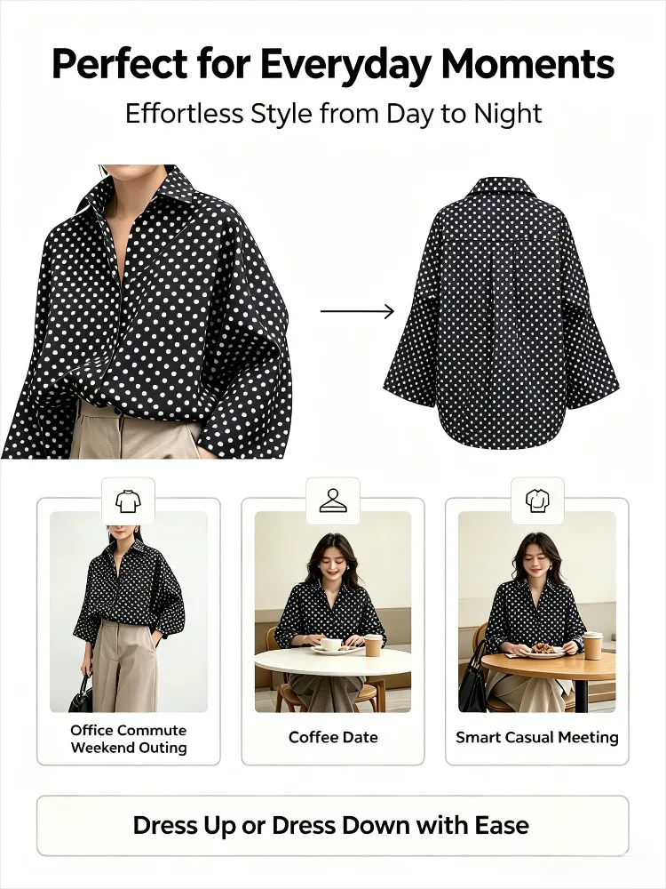 UOOZEE 2026 New Polka Dot Oversized Lapel Blouses For Women Long Sleeves Black White Contrast Color Casual Trendy Shirts
