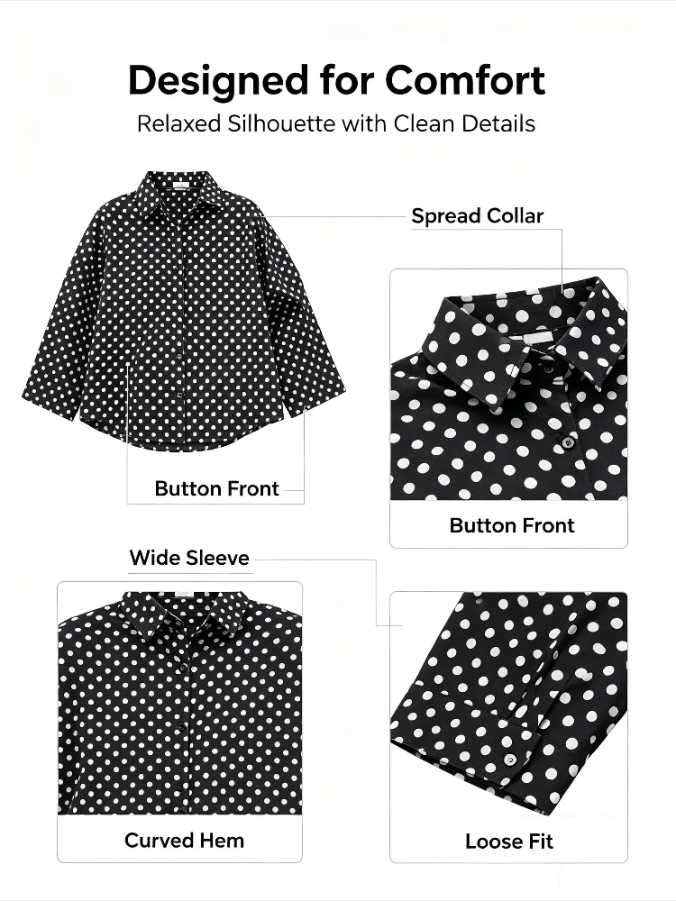 UOOZEE 2026 New Polka Dot Oversized Lapel Blouses For Women Long Sleeves Black White Contrast Color Casual Trendy Shirts