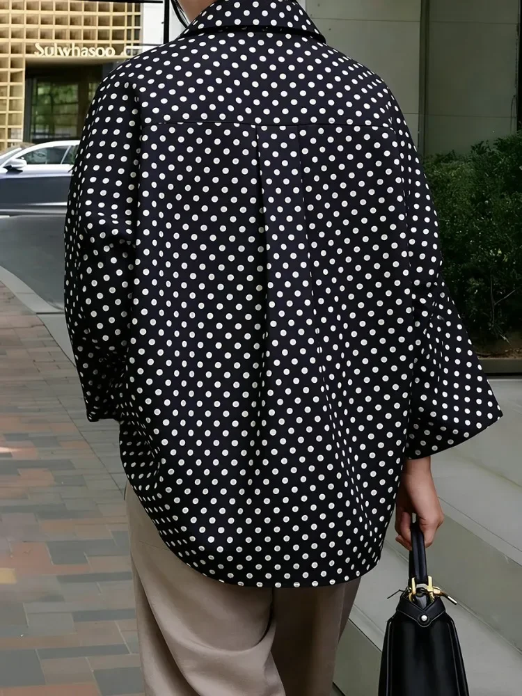 UOOZEE 2026 New Polka Dot Oversized Lapel Blouses For Women Long Sleeves Black White Contrast Color Casual Trendy Shirts