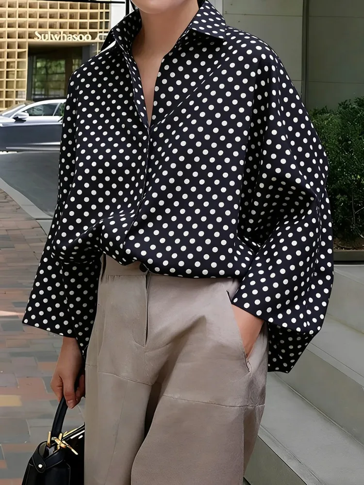 UOOZEE 2026 New Polka Dot Oversized Lapel Blouses For Women Long Sleeves Black White Contrast Color Casual Trendy Shirts