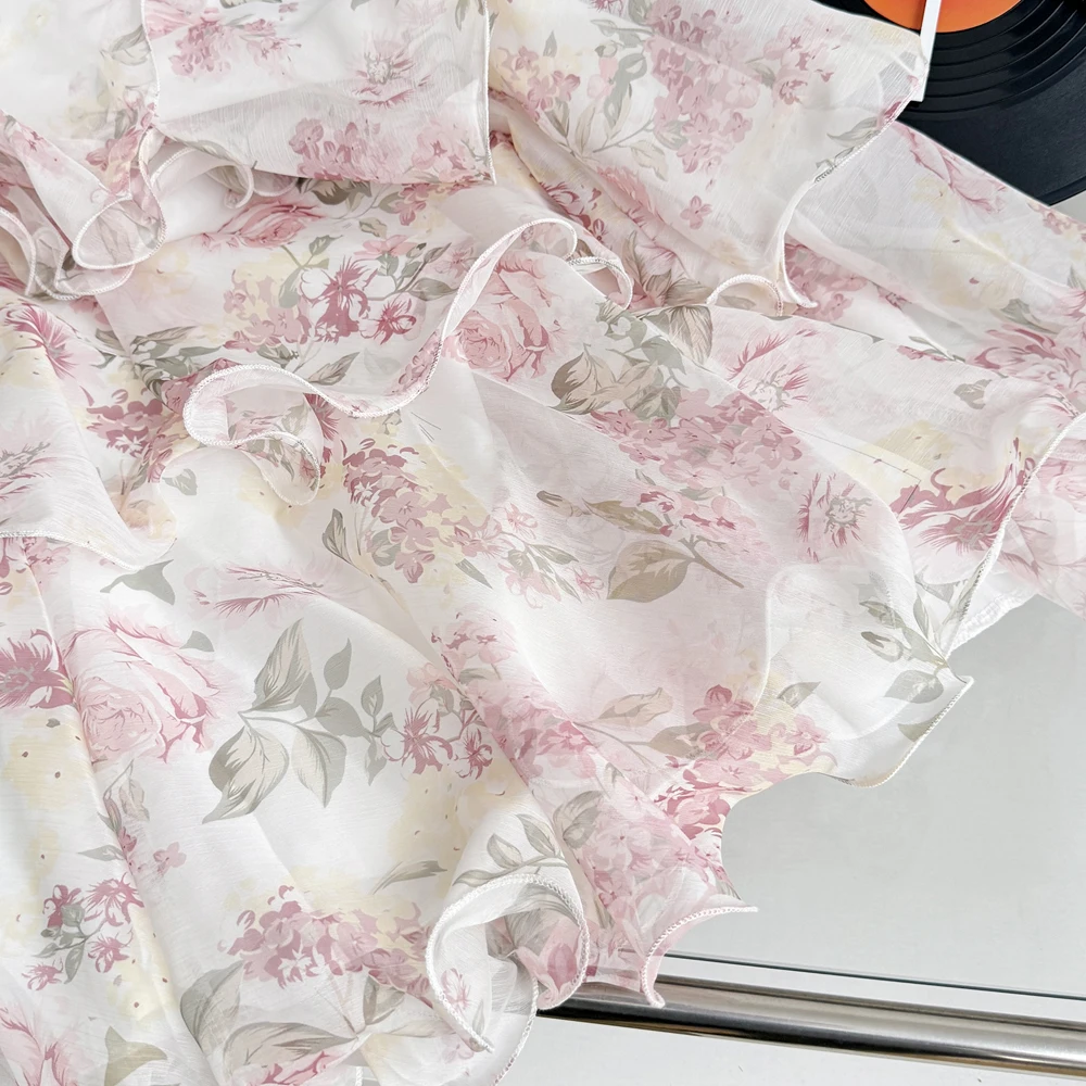 Summer Vacation Floral Printed Halter Chiffon Tiered Maxi Dress for Women Sexy V-Neck Backless Lace-up Ruffles Holiday Long Dres