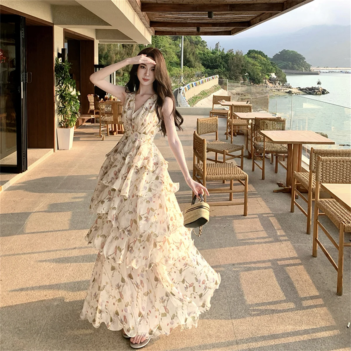 Summer Vacation Floral Printed Halter Chiffon Tiered Maxi Dress for Women Sexy V-Neck Backless Lace-up Ruffles Holiday Long Dres