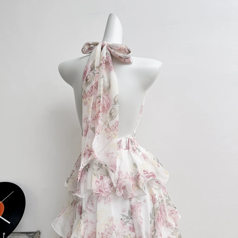 Summer Vacation Floral Printed Halter Chiffon Tiered Maxi Dress for Women Sexy V-Neck Backless Lace-up Ruffles Holiday Long Dres