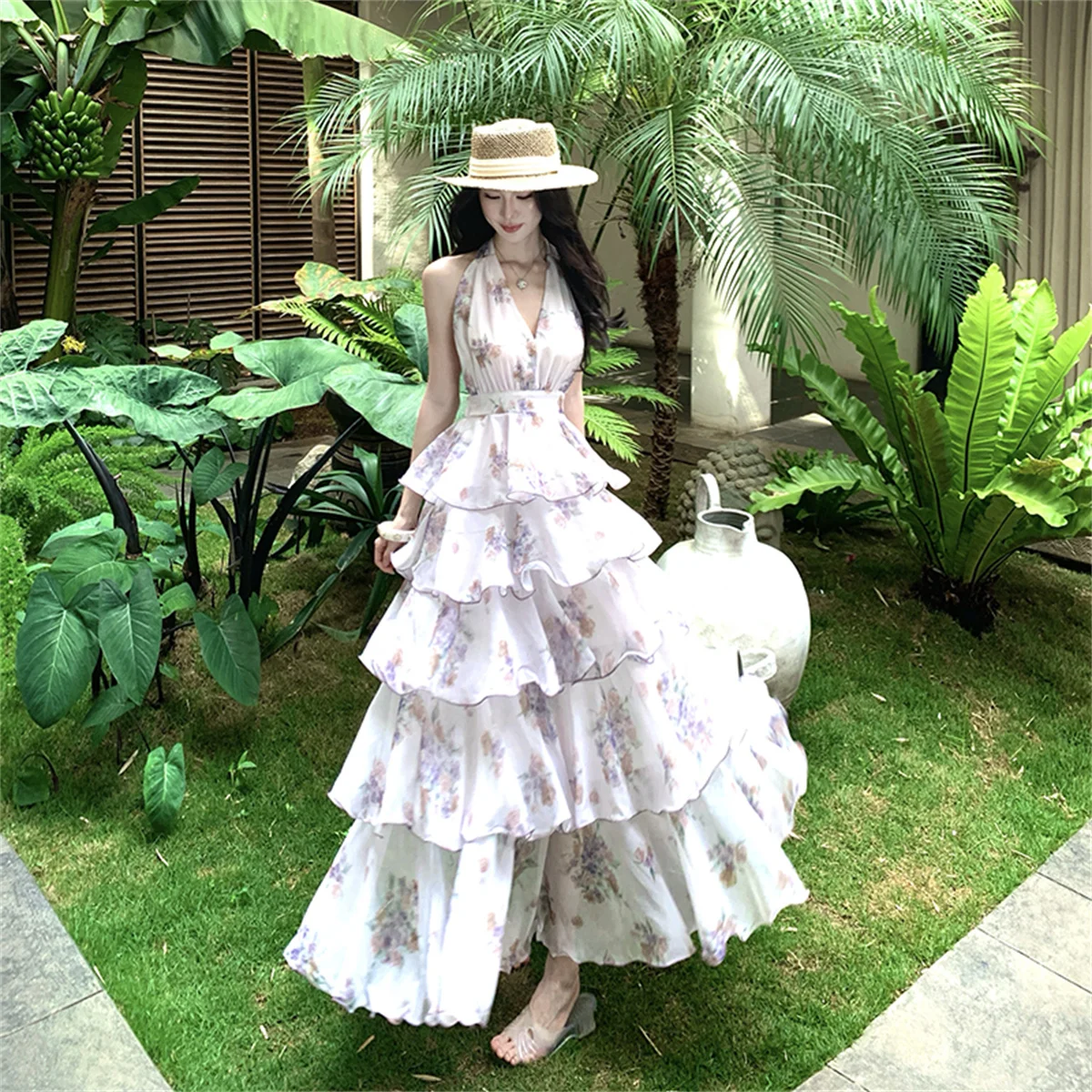 Summer Vacation Floral Printed Halter Chiffon Tiered Maxi Dress for Women Sexy V-Neck Backless Lace-up Ruffles Holiday Long Dres