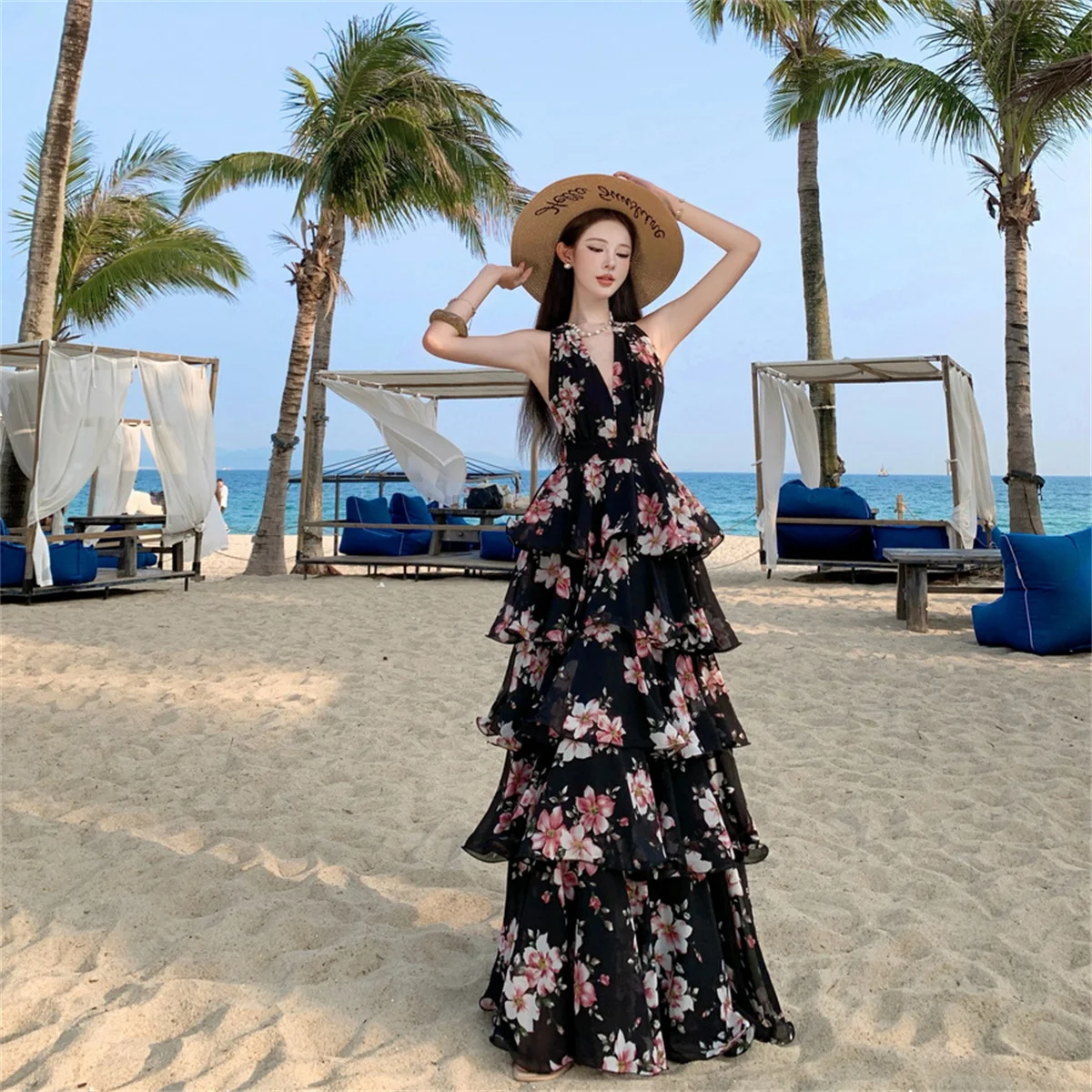 Summer Vacation Floral Printed Halter Chiffon Tiered Maxi Dress for Women Sexy V-Neck Backless Lace-up Ruffles Holiday Long Dres