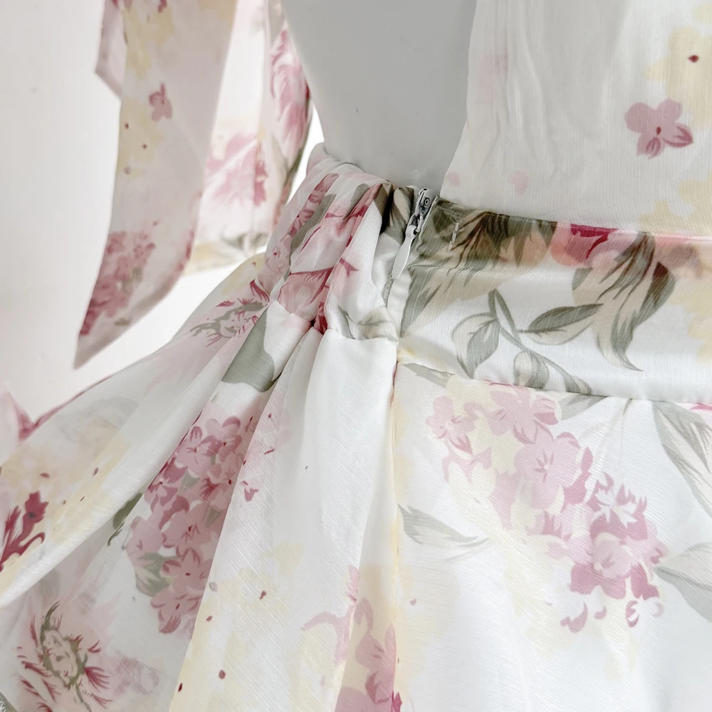 Summer Vacation Floral Printed Halter Chiffon Tiered Maxi Dress for Women Sexy V-Neck Backless Lace-up Ruffles Holiday Long Dres